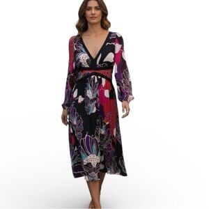 Anthropologie x Let Me Be Floral Midi Dress Chiffon V Neck Long Sleeve XXS NWT